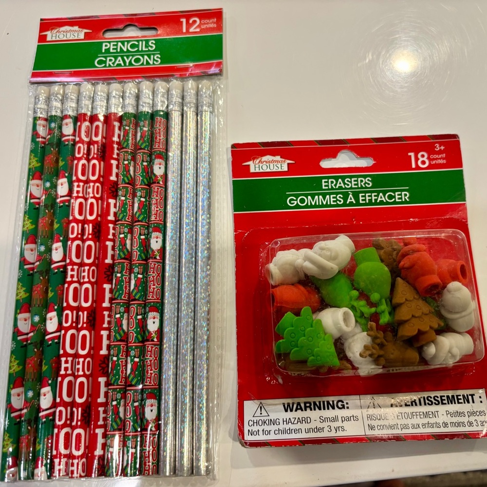 Bundle of 12 Christmas Pencils and 18 3D Erasers Toppers in a Set